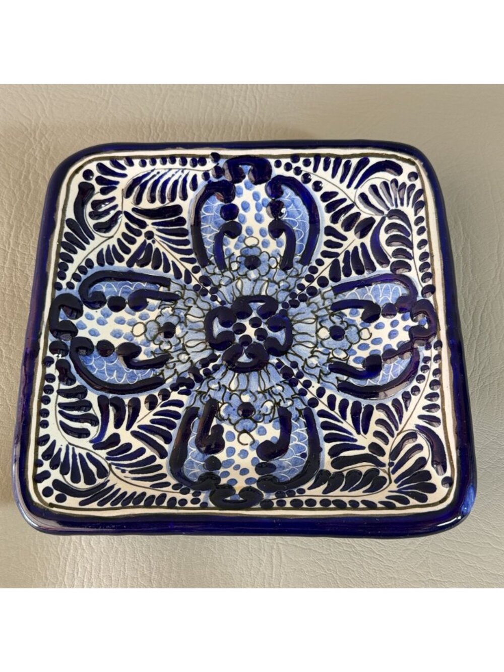 Vintage Talavera Mexican Pottery Square Plate Cobalt Blue White Signed 7.5" - Picture 4 of 11